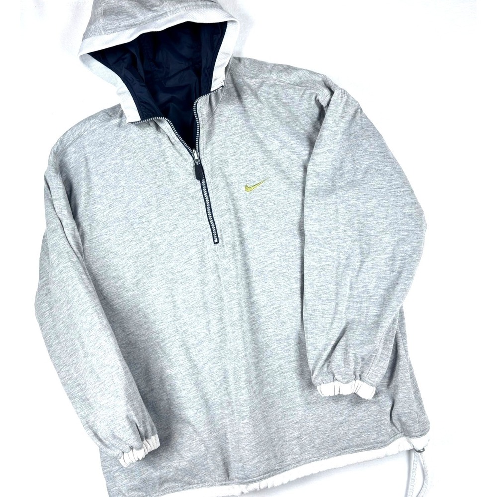 VTG Nike Pullover Jacket Windbreaker Center‎ Swoosh Hooded Blue Gray 90s Sz L